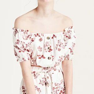 Red and White Scenic Jasmine Linen Blend Crop Top